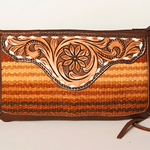 American Darling Southwestern Wool & Leather Fringe Crossbody Bag with Hand-Tooled Flap