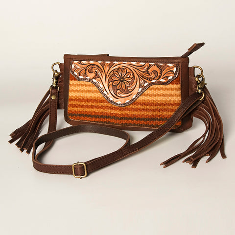 American Darling Southwestern Wool & Leather Fringe Crossbody Bag with Hand-Tooled Flap