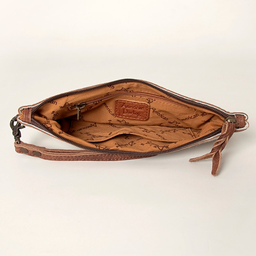 ADBG344 Hair-On Hide Rodeo Wristlet Clutch with Cowboy Wrestling Engraving & Leather Trim