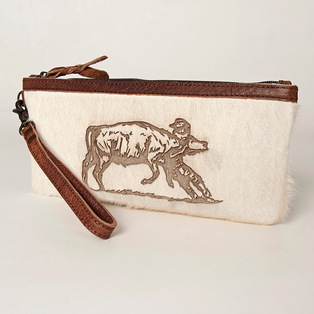 ADBG344 Hair-On Hide Rodeo Wristlet Clutch with Cowboy Wrestling Engraving & Leather Trim