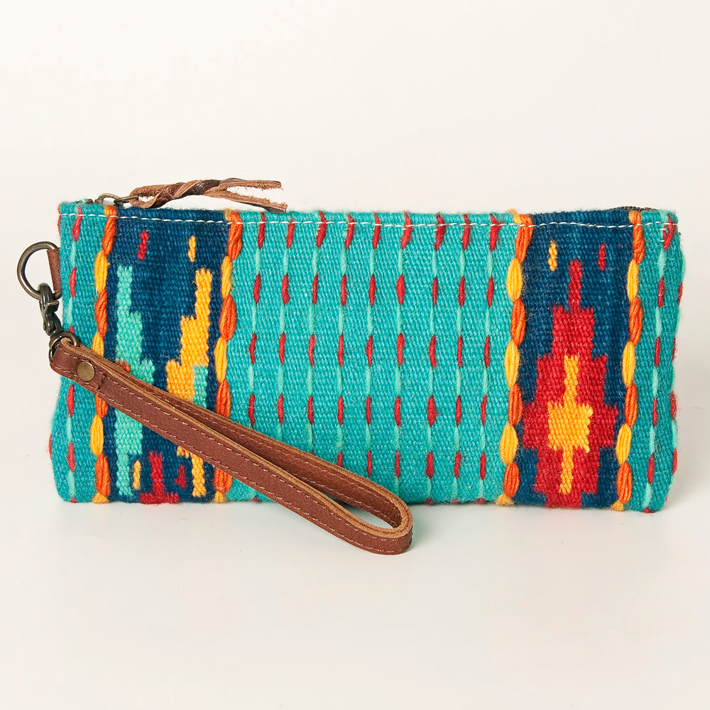 ADBG344 Southwestern Wool Wristlet Clutch with Tribal Pattern & Leather Strap