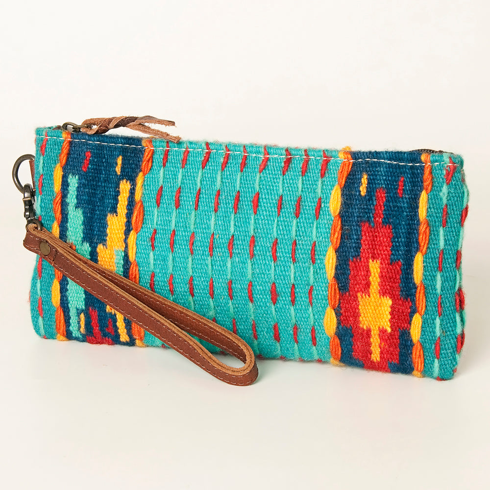 ADBG344 Southwestern Wool Wristlet Clutch with Tribal Pattern & Leather Strap