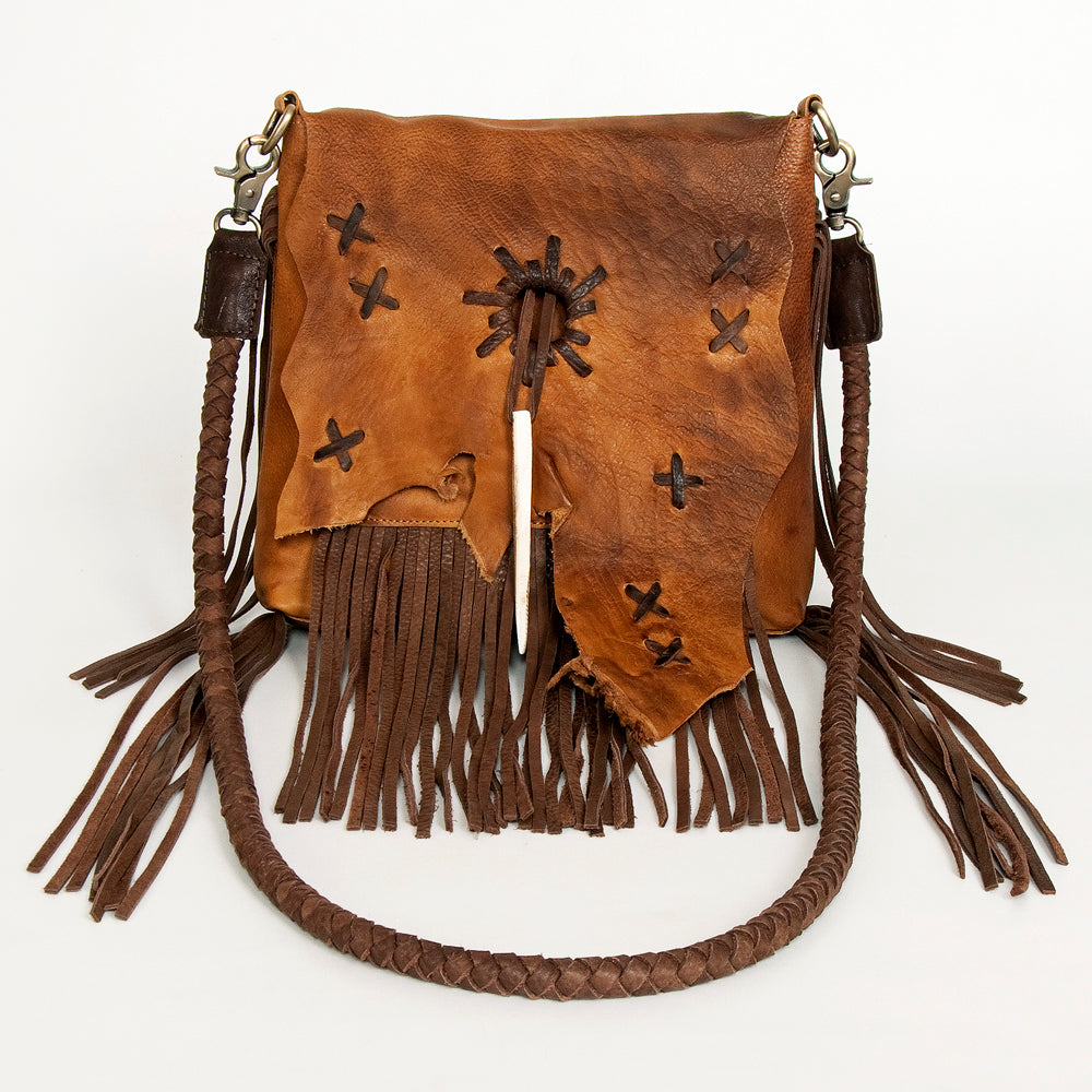 LC-ADBGM282A Raw-Edge Tribal Leather Crossbody - Fringe, Bone Accent & Braided Strap