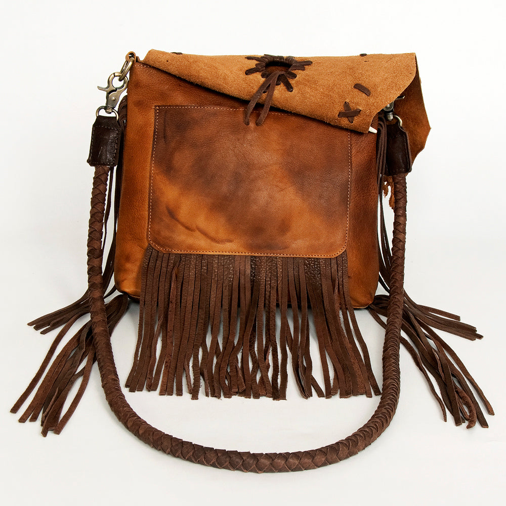 LC-ADBGM282A Raw-Edge Tribal Leather Crossbody - Fringe, Bone Accent & Braided Strap