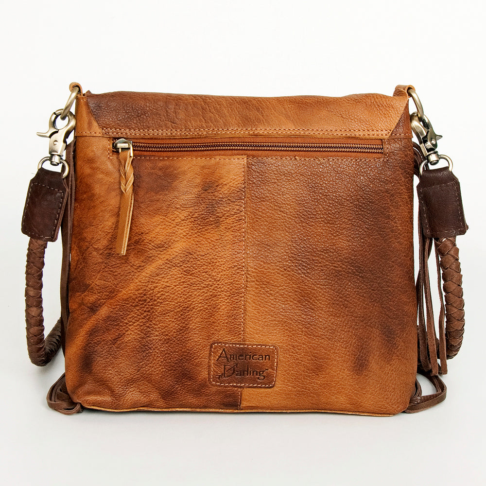 LC-ADBGM282A Raw-Edge Tribal Leather Crossbody - Fringe, Bone Accent & Braided Strap