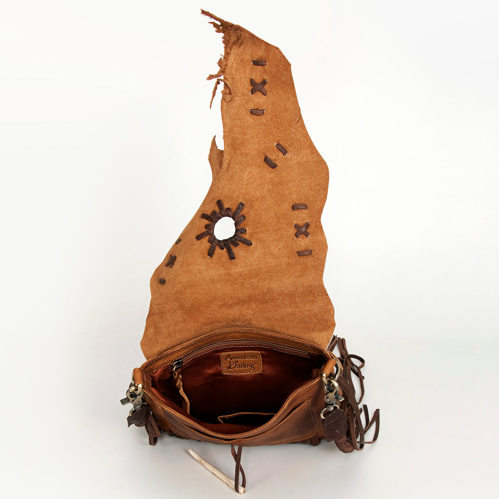 LC-ADBGM282A Raw-Edge Tribal Leather Crossbody - Fringe, Bone Accent & Braided Strap