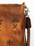 LC-ADBGM282A Raw-Edge Tribal Leather Crossbody - Fringe, Bone Accent & Braided Strap