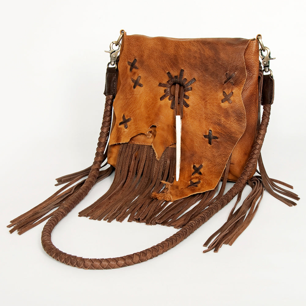 LC-ADBGM282A Raw-Edge Tribal Leather Crossbody - Fringe, Bone Accent & Braided Strap