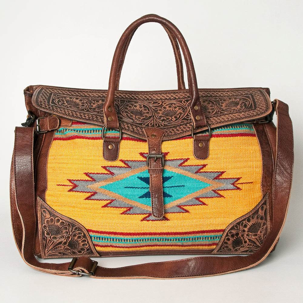 ADBG516 Tooled Leather & Saddle Blanket Duffel Bag Belle Western Travel Weekender by American Darling