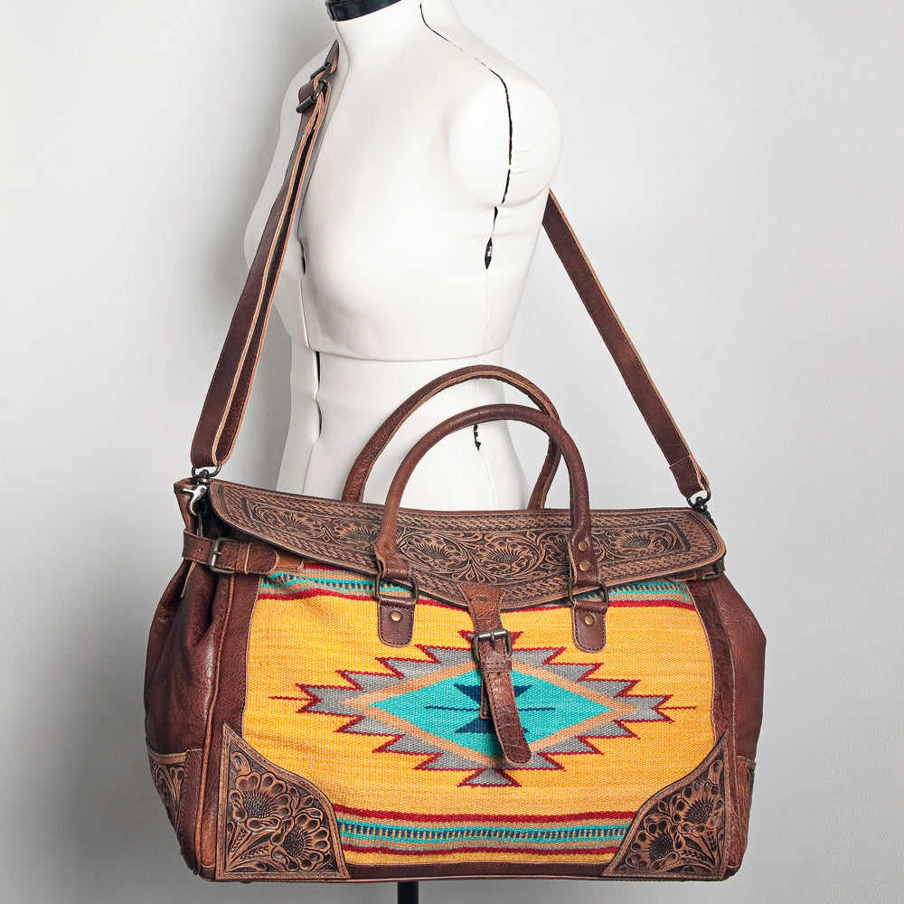ADBG516 Tooled Leather & Saddle Blanket Duffel Bag Belle Western Travel Weekender by American Darling