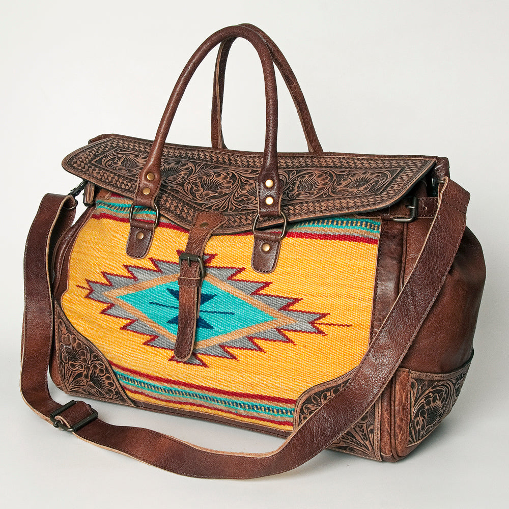 ADBG516 Tooled Leather & Saddle Blanket Duffel Bag Belle Western Travel Weekender by American Darling