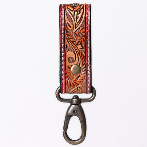 ADKR210 Hand-Tooled Leather Loop Keyring - Floral Design with Swivel Clasp