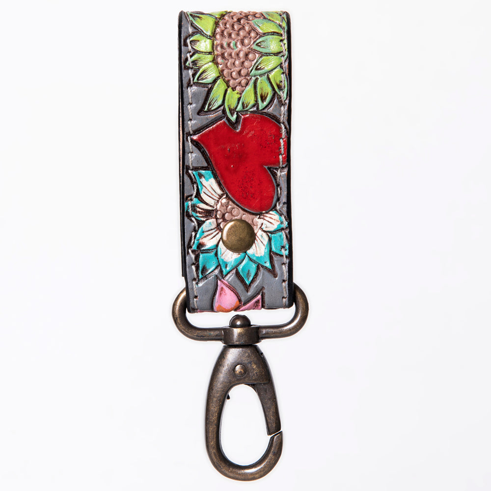 LC-ADKR210S Hand-Tooled Leather keyring � Red Heart & Sunflower Floral on Charcoal