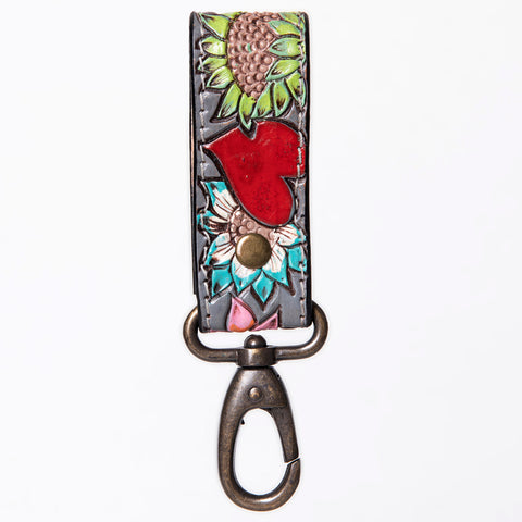 LC-ADKR210S Hand-Tooled Leather keyring   Red Heart & Sunflower Floral on Charcoal