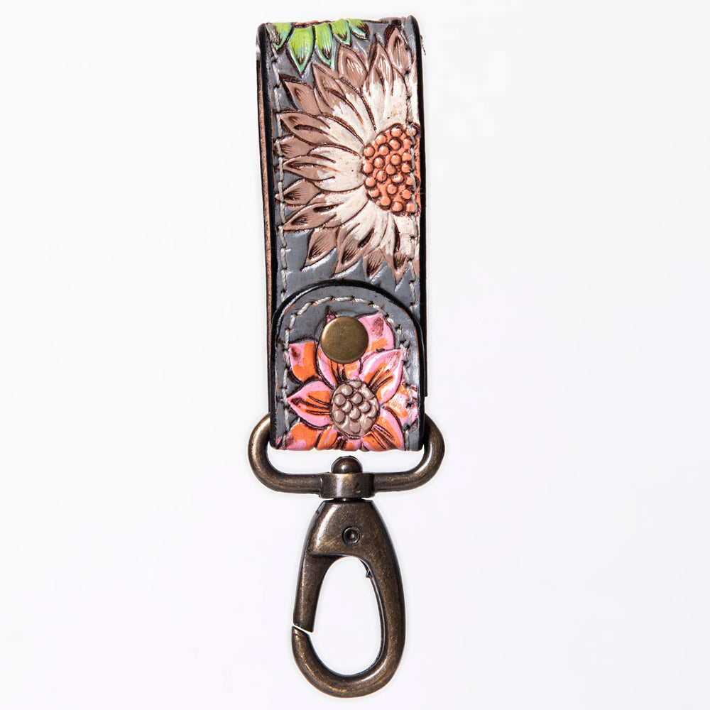 LC-ADKR210S Hand-Tooled Leather keyring � Red Heart & Sunflower Floral on Charcoal