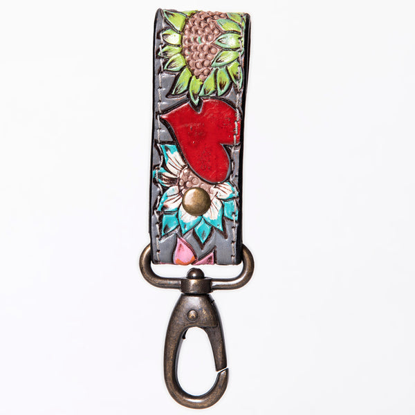 LC-ADKR210S Hand-Tooled Leather keyring � Red Heart & Sunflower Floral on Charcoal