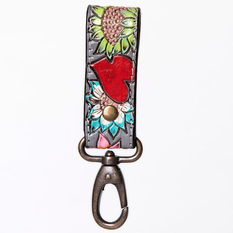 LC-ADKR210S Hand-Tooled Leather keyring   Red Heart & Sunflower Floral on Charcoal