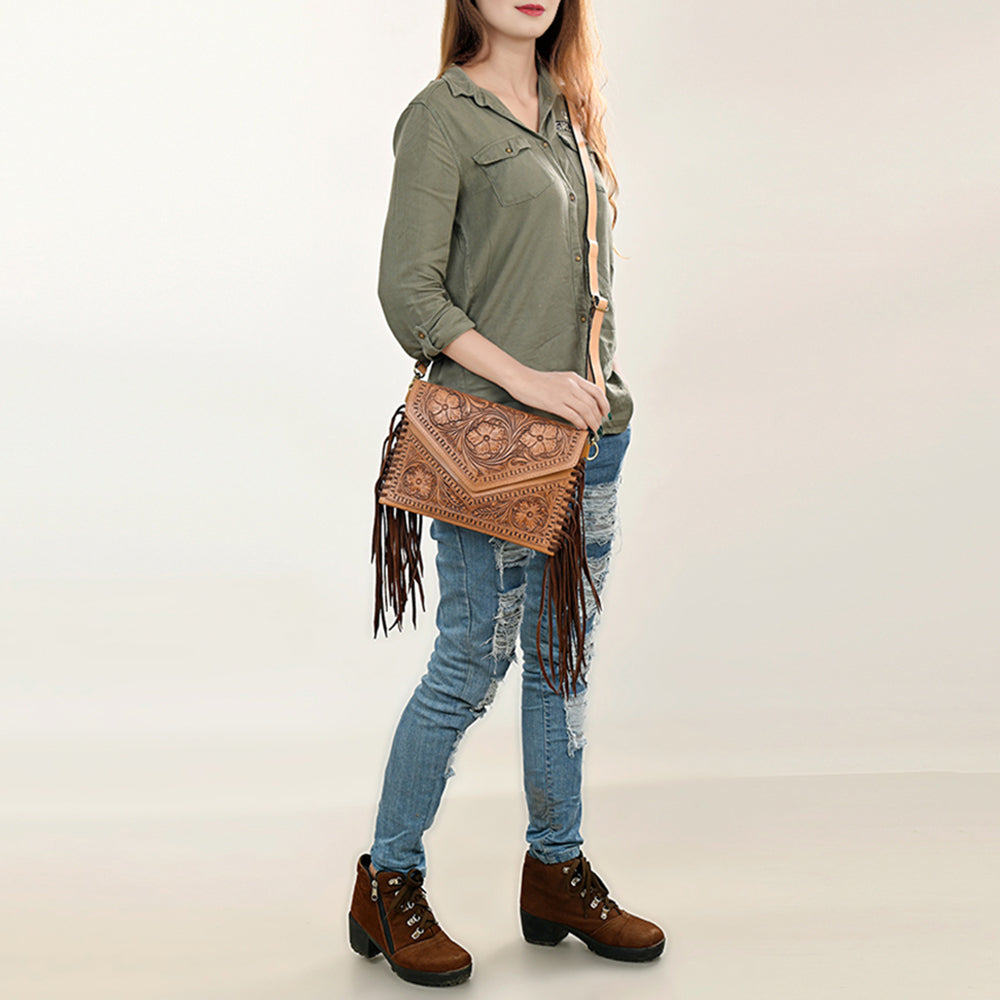 LC-ADBGF105A Envelope-Style Genuine Leather Western Bag with Fringe & Floral Tooling