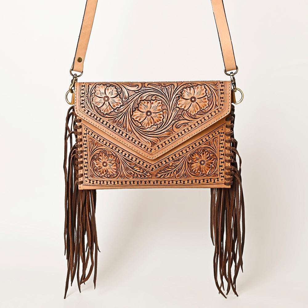 LC-ADBGF105A Envelope-Style Genuine Leather Western Bag with Fringe & Floral Tooling