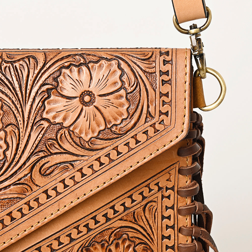 LC-ADBGF105A Envelope-Style Genuine Leather Western Bag with Fringe & Floral Tooling