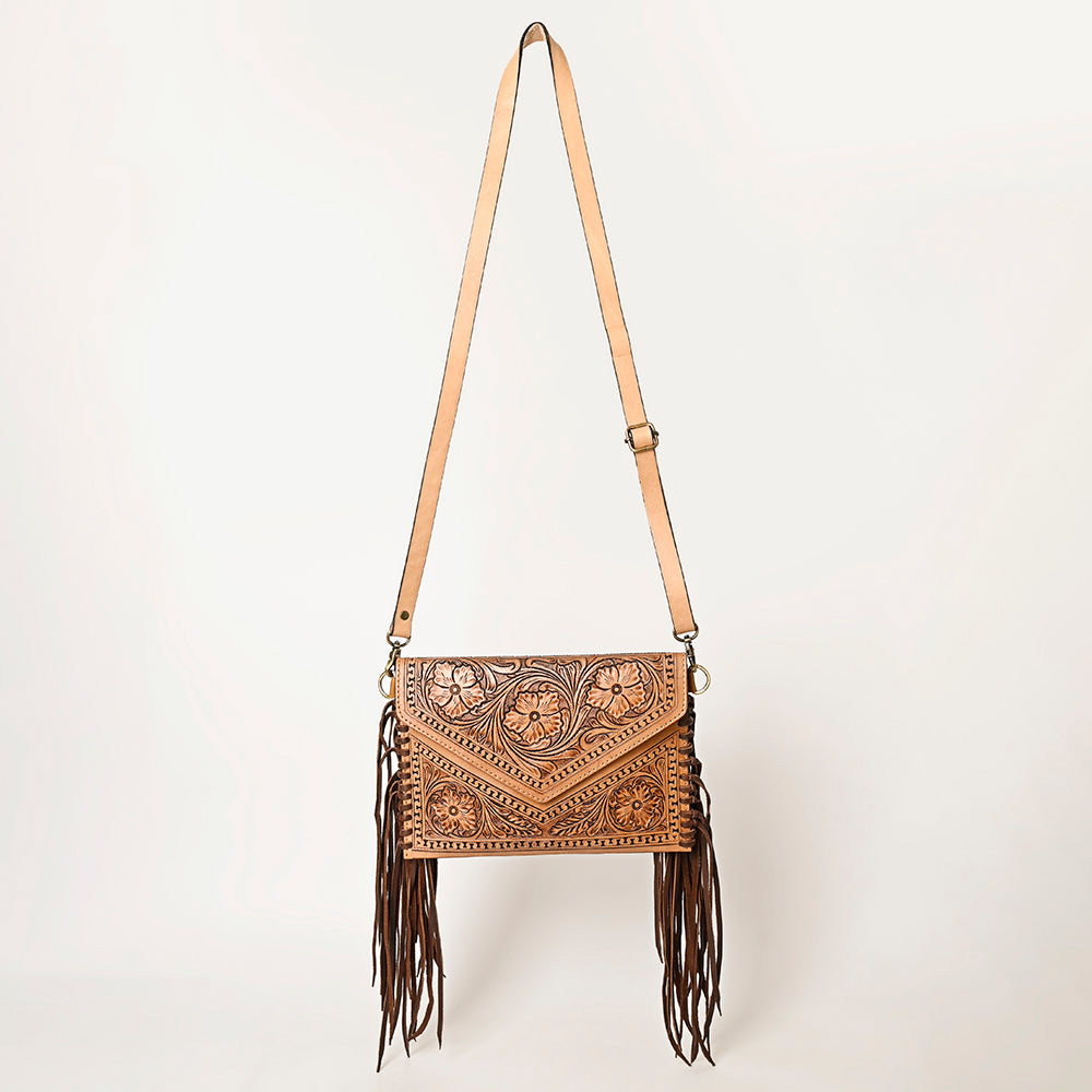 LC-ADBGF105A Envelope-Style Genuine Leather Western Bag with Fringe & Floral Tooling
