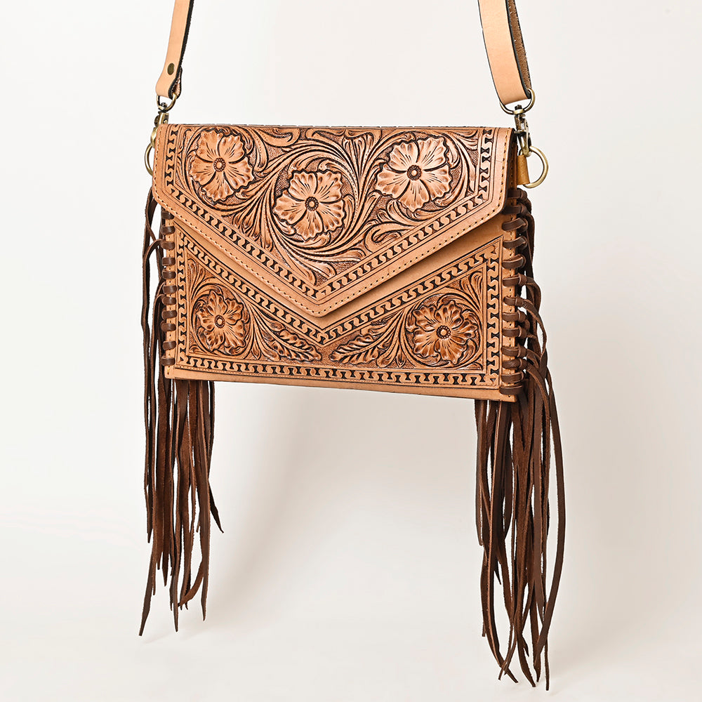 LC-ADBGF105A Envelope-Style Genuine Leather Western Bag with Fringe & Floral Tooling