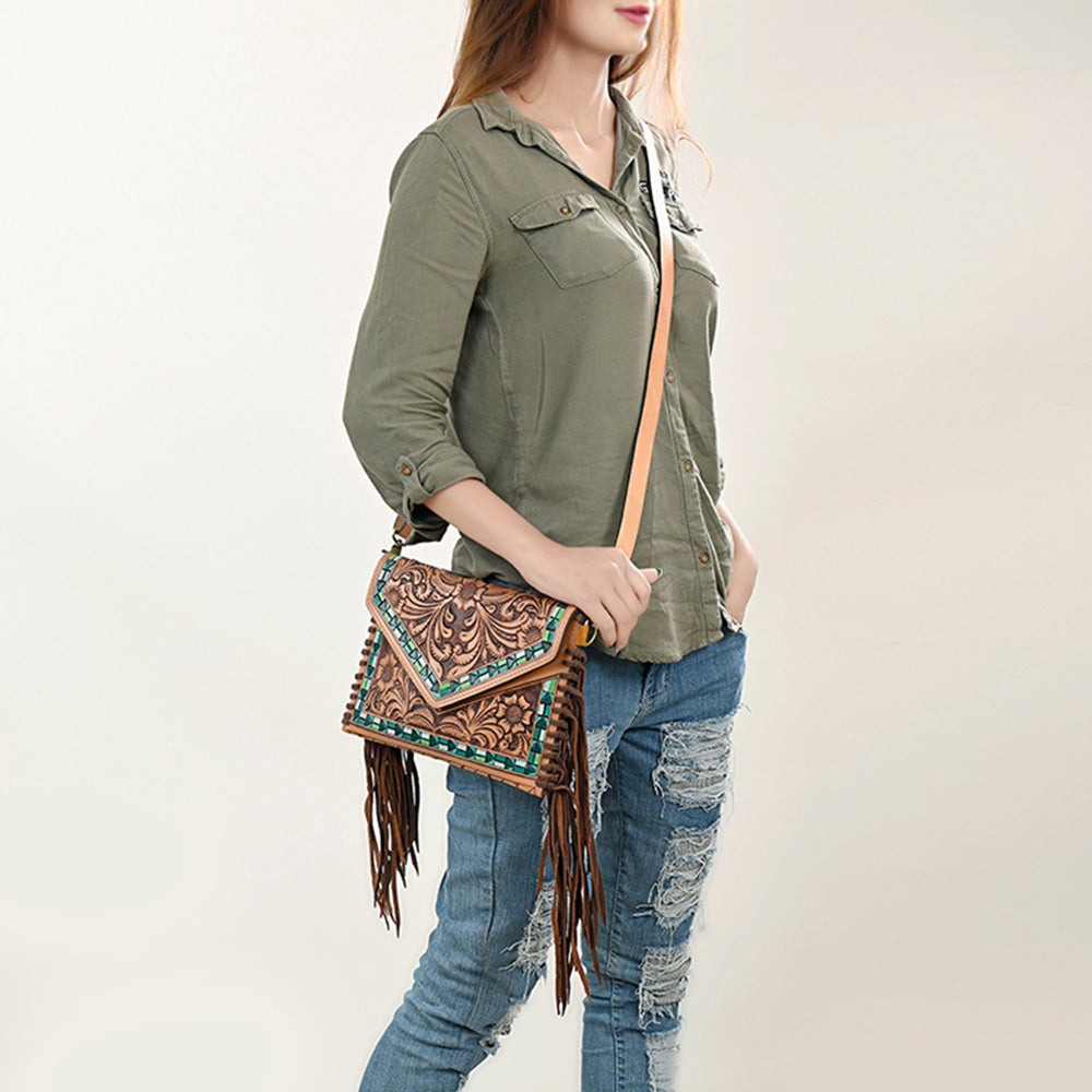 LC-ADBGF105A Envelope-Style Genuine Leather Western Bag with Fringe & Floral Tooling