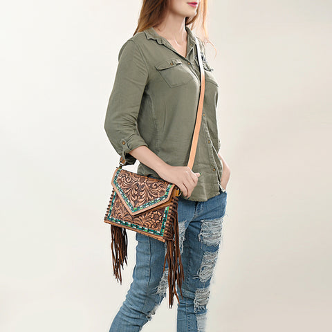 American Darling Western Leather Envelope - Hand Tooled Floral Carved Purse with Fringes