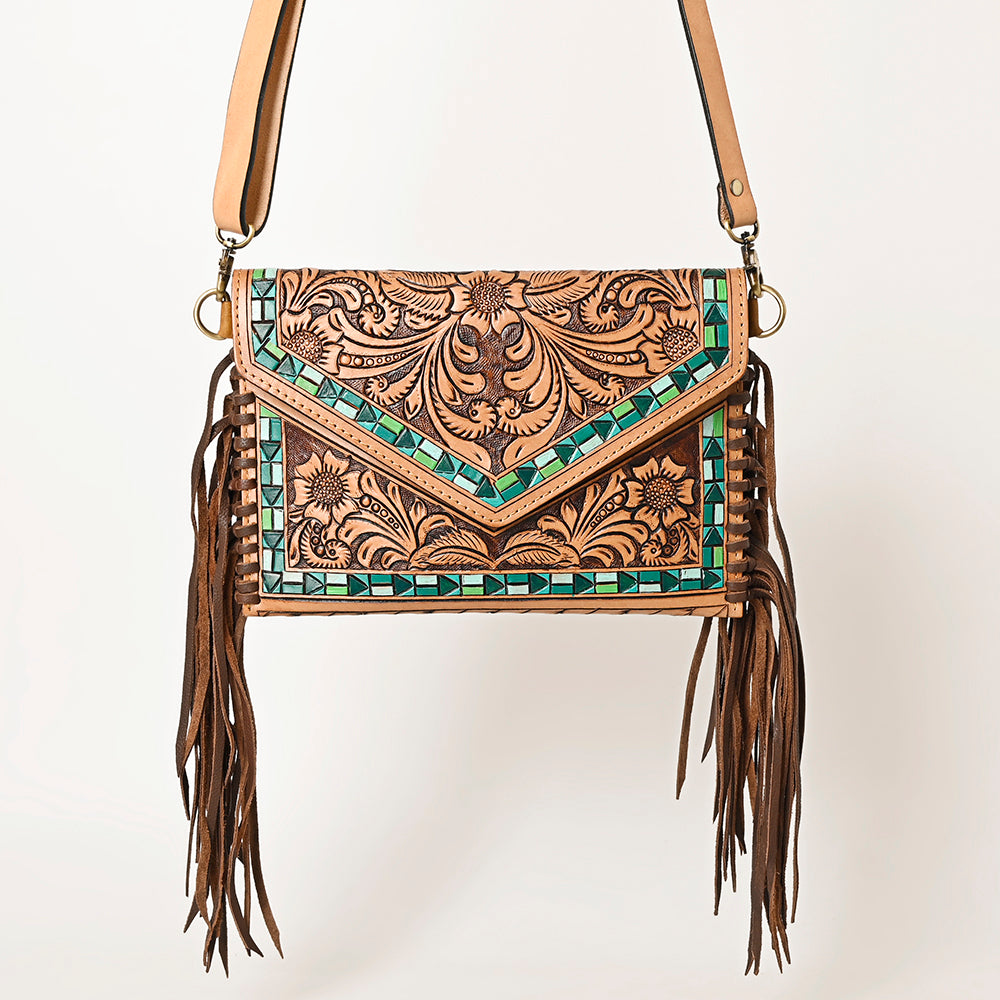 LC-ADBGF105A Envelope-Style Genuine Leather Western Bag with Fringe & Floral Tooling
