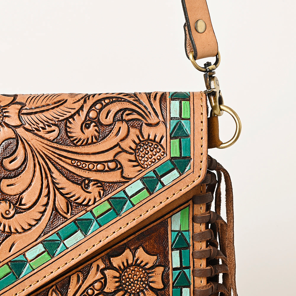 LC-ADBGF105A Envelope-Style Genuine Leather Western Bag with Fringe & Floral Tooling