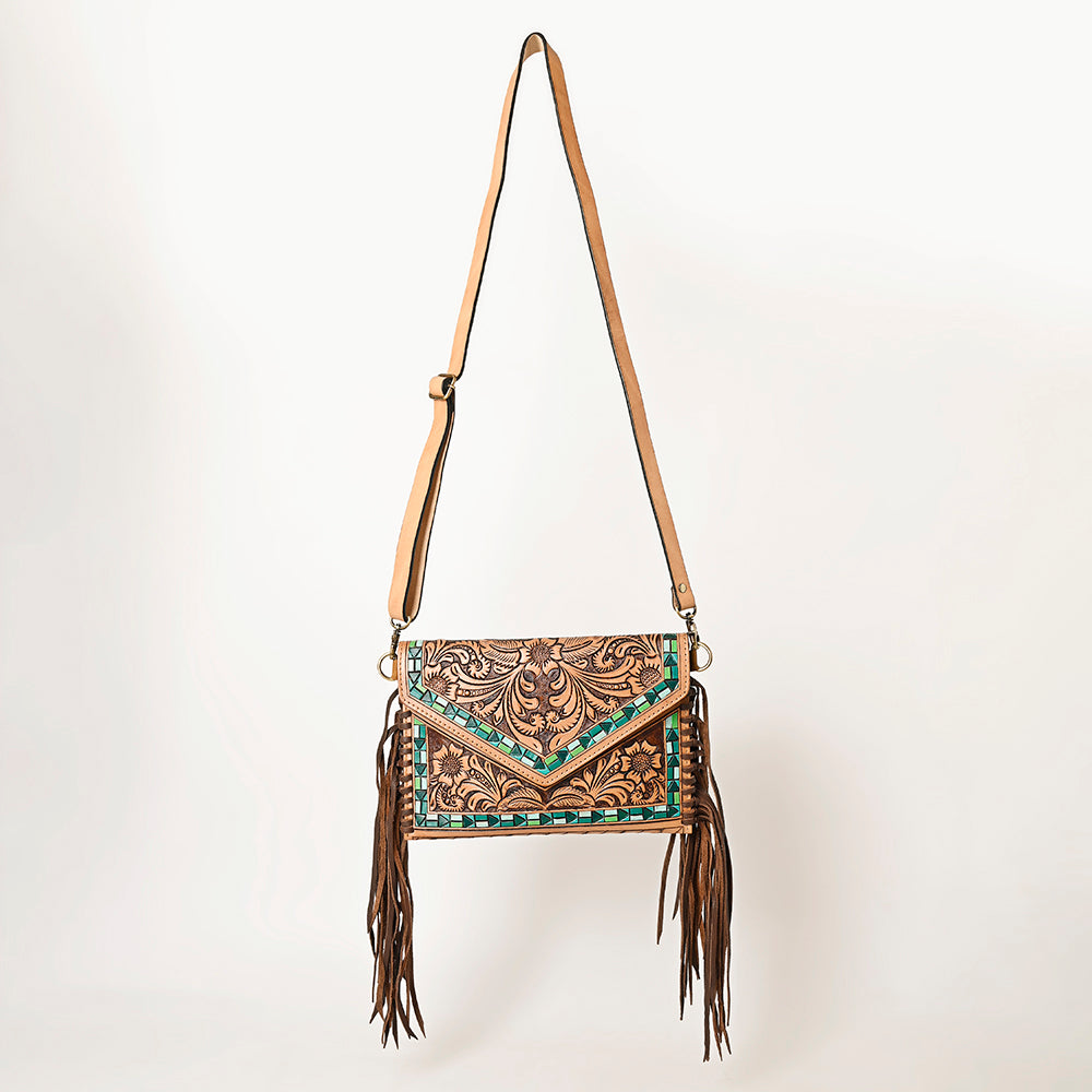 LC-ADBGF105A Envelope-Style Genuine Leather Western Bag with Fringe & Floral Tooling