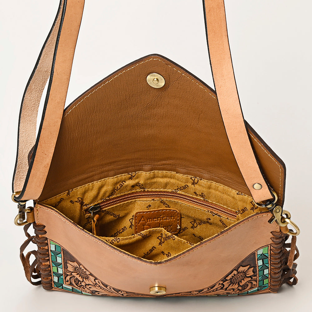 LC-ADBGF105A Envelope-Style Genuine Leather Western Bag with Fringe & Floral Tooling