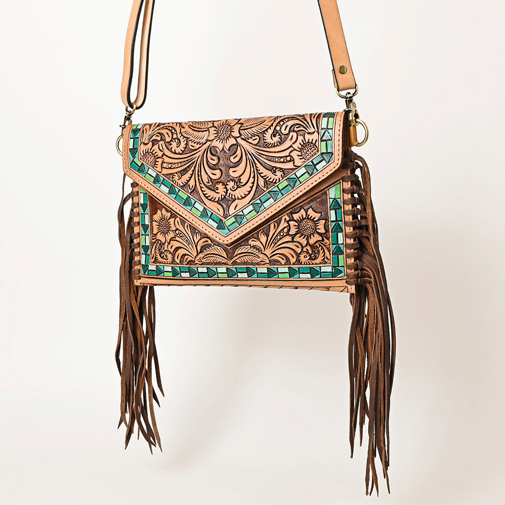 LC-ADBGF105A Envelope-Style Genuine Leather Western Bag with Fringe & Floral Tooling