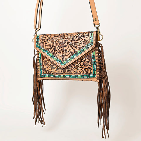 American Darling Western Leather Envelope - Hand Tooled Floral Carved Purse with Fringes