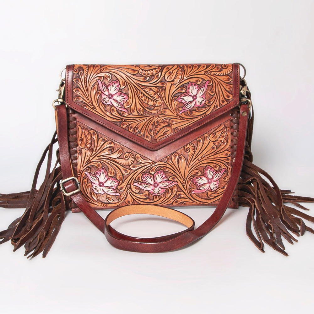 LC-ADBGF105A Envelope-Style Genuine Leather Western Bag with Fringe & Floral Tooling