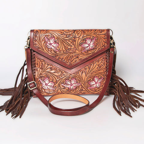American Darling Western Leather Envelope - Hand Tooled Floral Carved Purse with Fringes