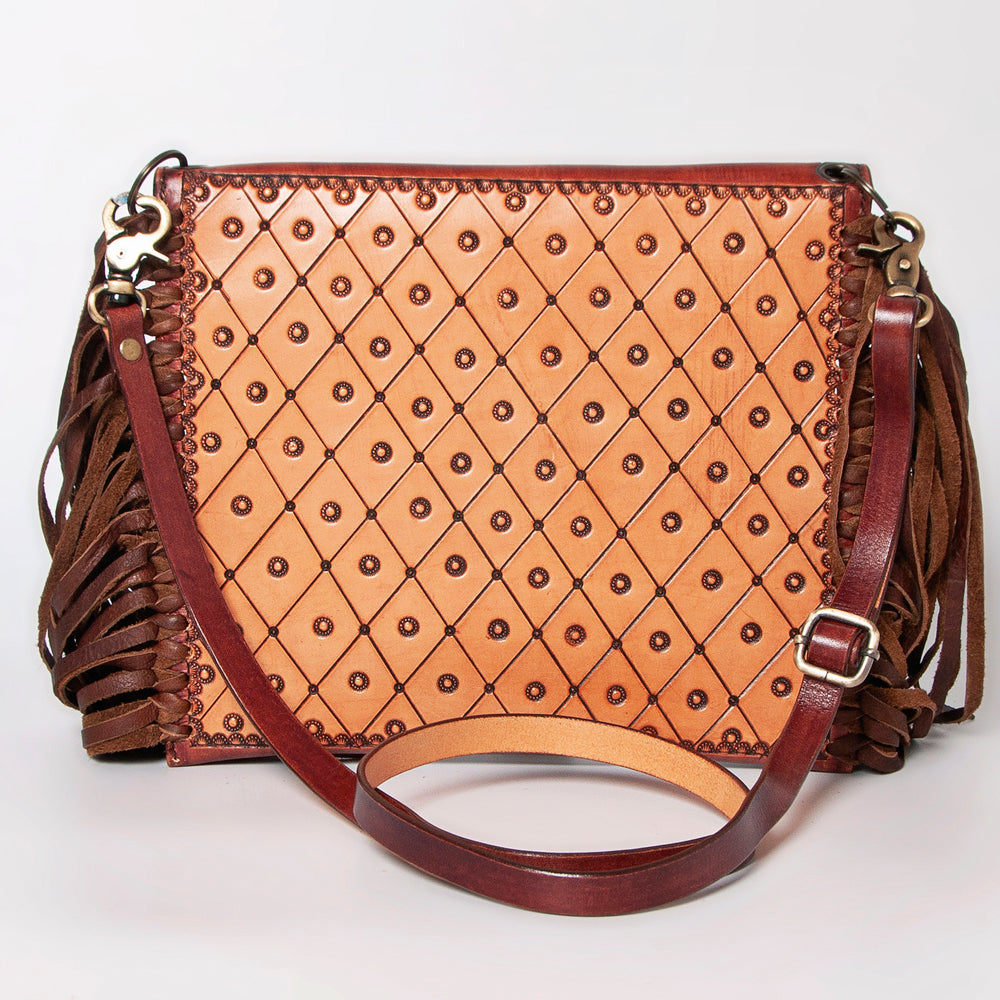 LC-ADBGF105A Envelope-Style Genuine Leather Western Bag with Fringe & Floral Tooling