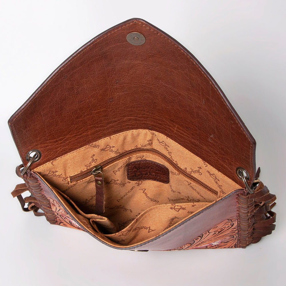LC-ADBGF105A Envelope-Style Genuine Leather Western Bag with Fringe & Floral Tooling