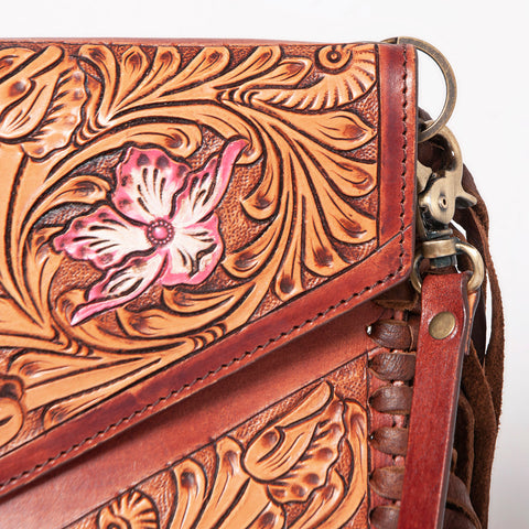 American Darling Western Leather Envelope - Hand Tooled Floral Carved Purse with Fringes