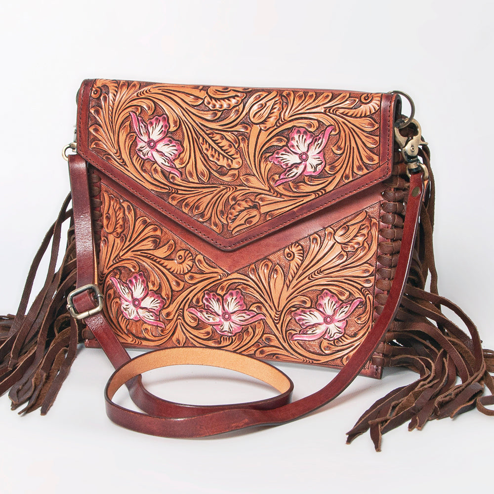 LC-ADBGF105A Envelope-Style Genuine Leather Western Bag with Fringe & Floral Tooling