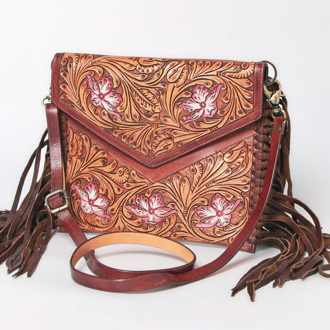 American Darling Western Leather Envelope - Hand Tooled Floral Carved Purse with Fringes