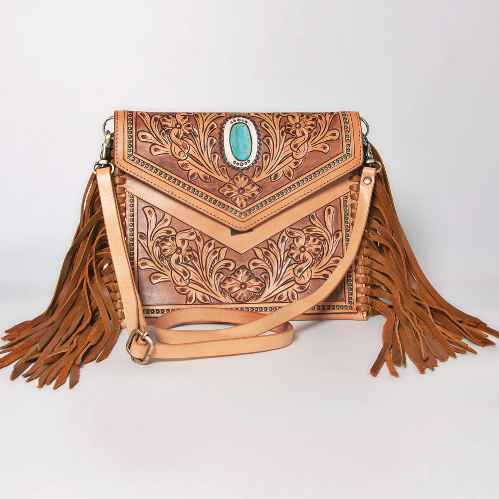 LC-ADBGF105A Envelope-Style Genuine Leather Western Bag with Fringe & Floral Tooling