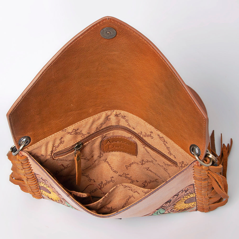 LC-ADBGF105A Envelope-Style Genuine Leather Western Bag with Fringe & Floral Tooling
