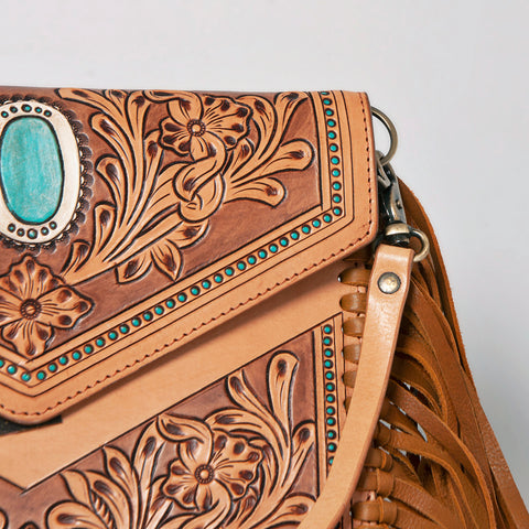 American Darling Western Leather Envelope - Hand Tooled Floral Carved Purse with Fringes