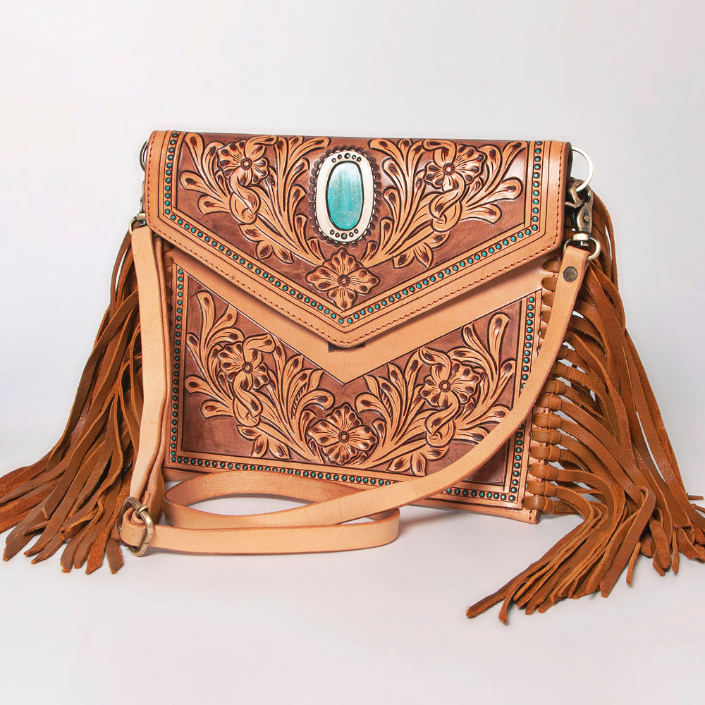 LC-ADBGF105A Envelope-Style Genuine Leather Western Bag with Fringe & Floral Tooling