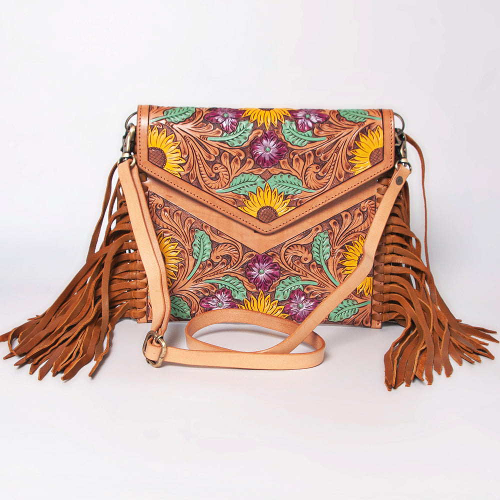 LC-ADBGF105A Envelope-Style Genuine Leather Western Bag with Fringe & Floral Tooling