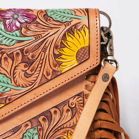 American Darling Western Leather Envelope - Hand Tooled Floral Carved Purse with Fringes