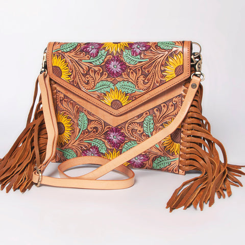 American Darling Western Leather Envelope - Hand Tooled Floral Carved Purse with Fringes