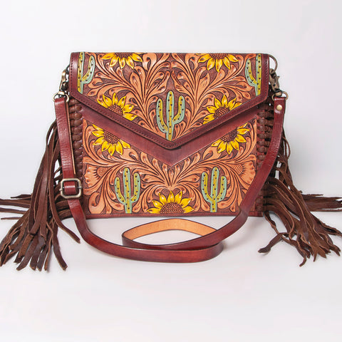 American Darling Western Leather Envelope - Hand Tooled Floral Carved Purse with Fringes