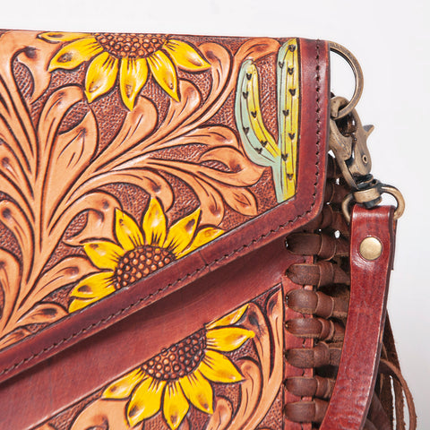 American Darling Western Leather Envelope - Hand Tooled Floral Carved Purse with Fringes